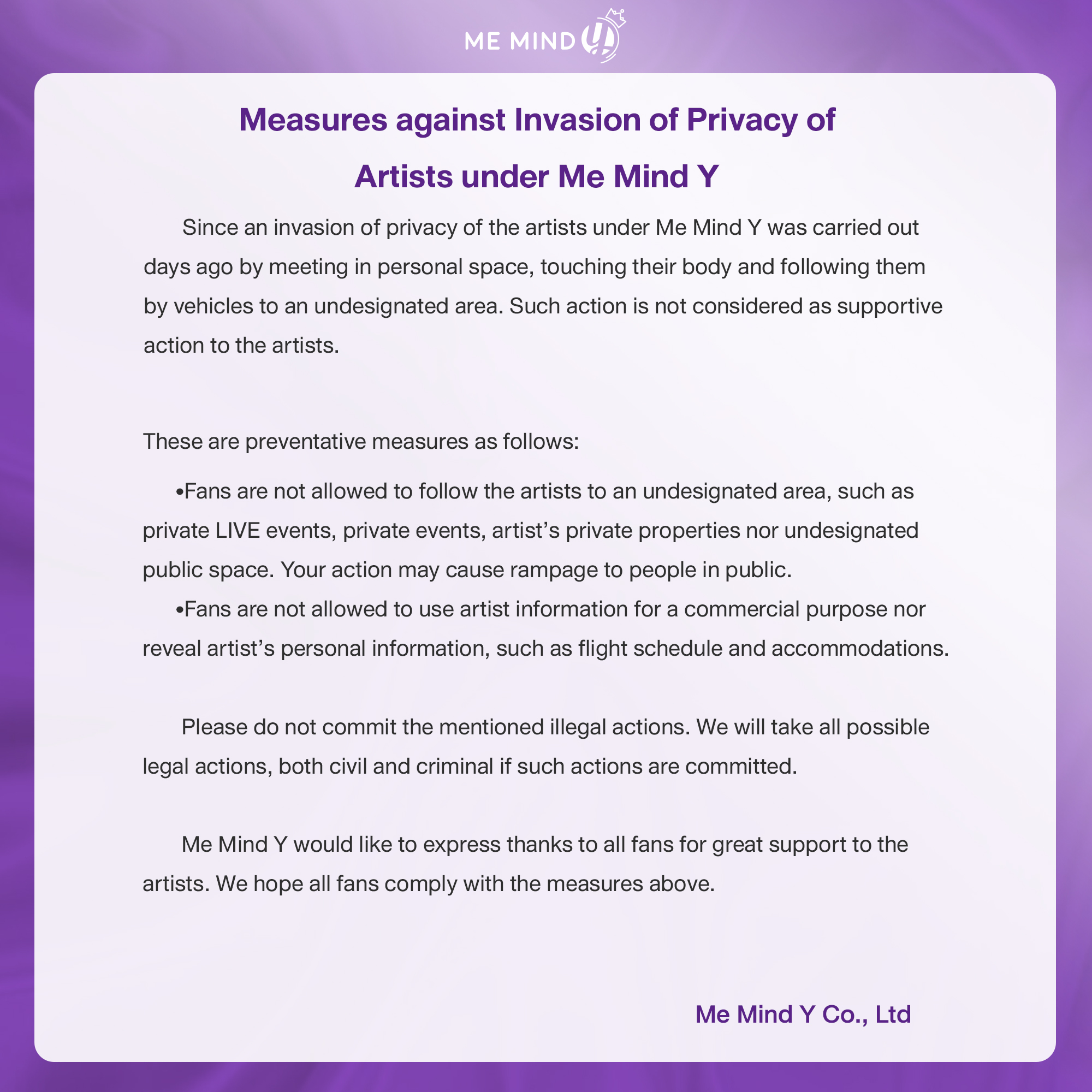 MeMindY Reminds Fans Not to Invade Privacy